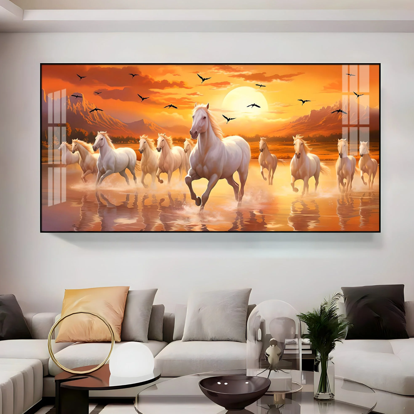 White Running Horses With Sunrise Premium Acrylic Horizontal Wall Art