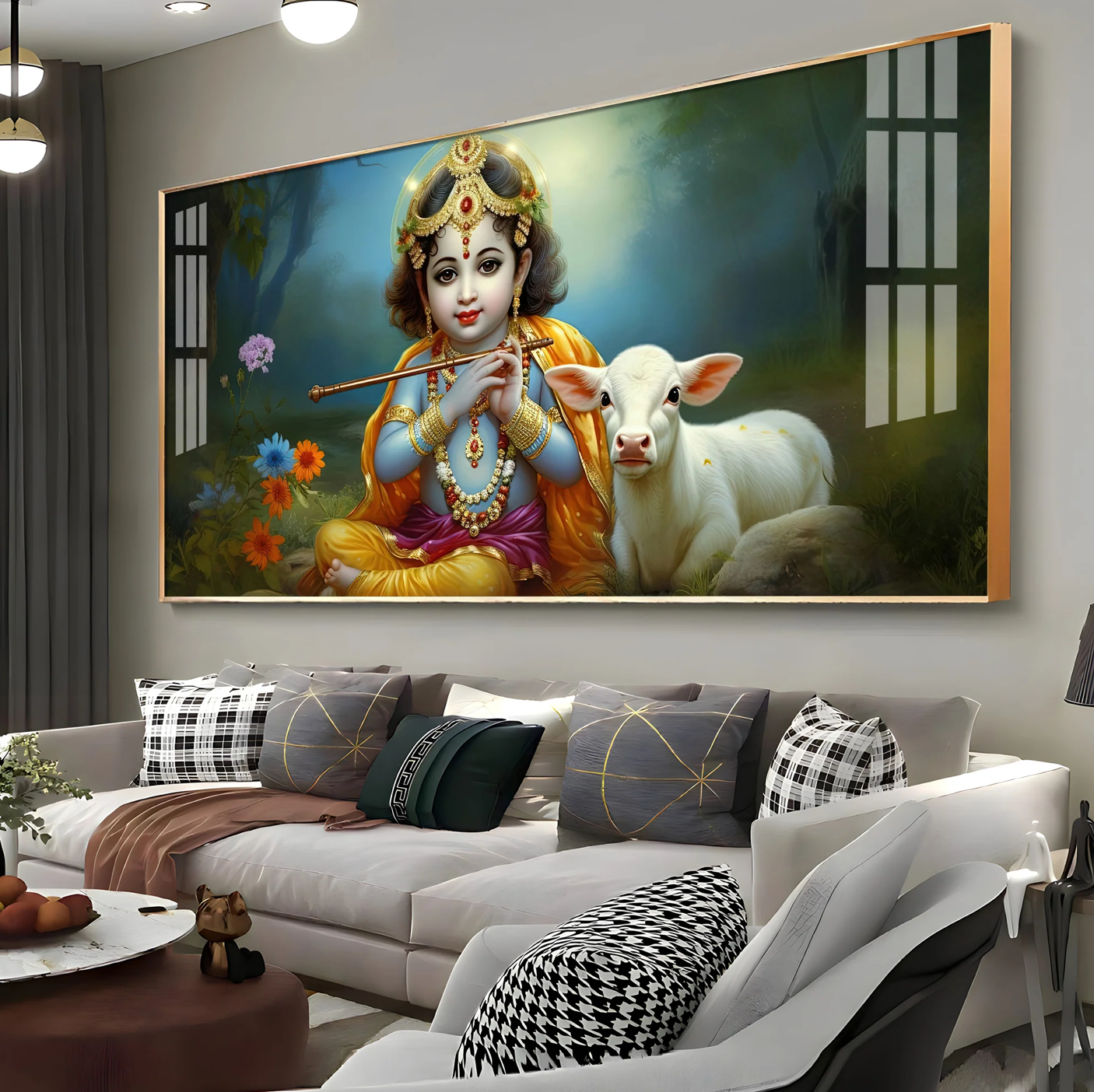 Little Krishna With Bansuri & Cow Premium Acrylic Horizontal Wall Art