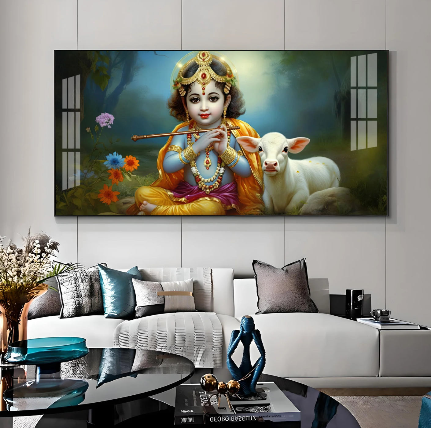 Little Krishna With Bansuri & Cow Premium Acrylic Horizontal Wall Art