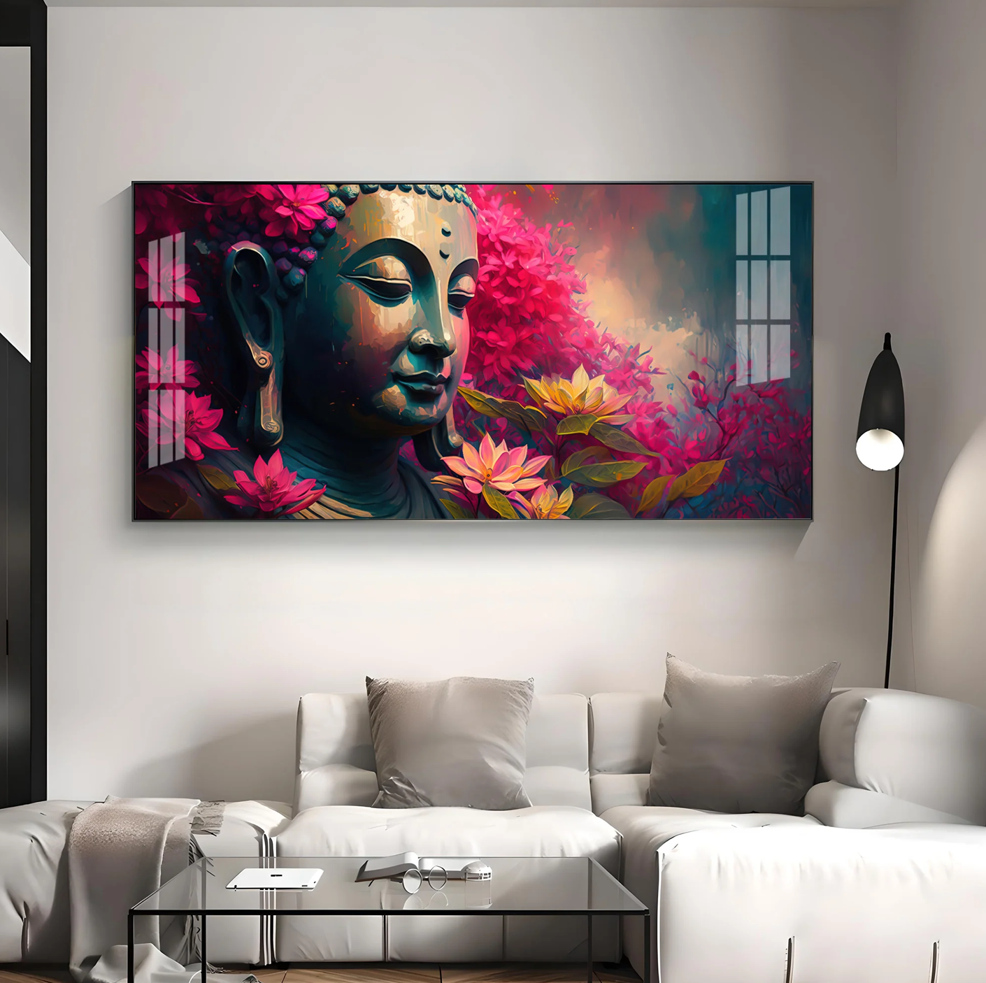 Lord Buddha Blossoms Premium Acrylic Horizontal Wall Art