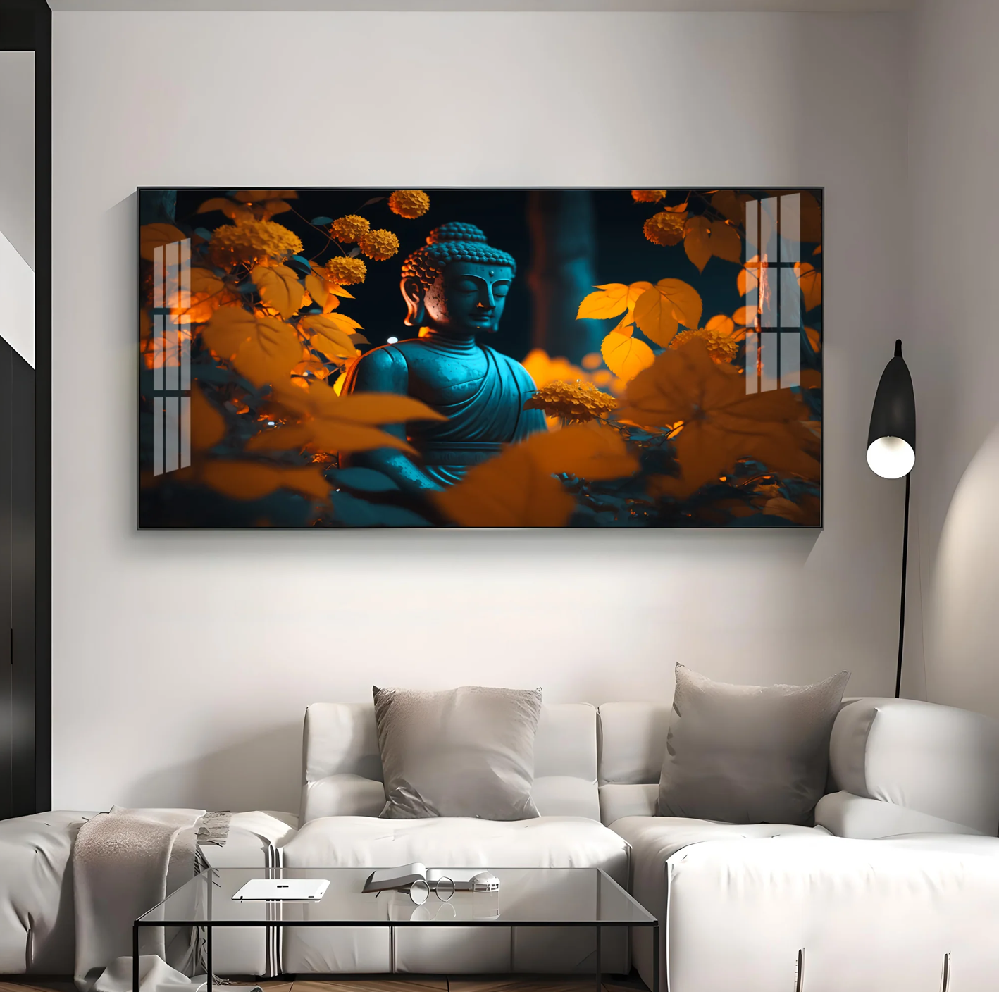 Buddha With Golden Autumn Fall Premium Acrylic Horizontal Wall Art