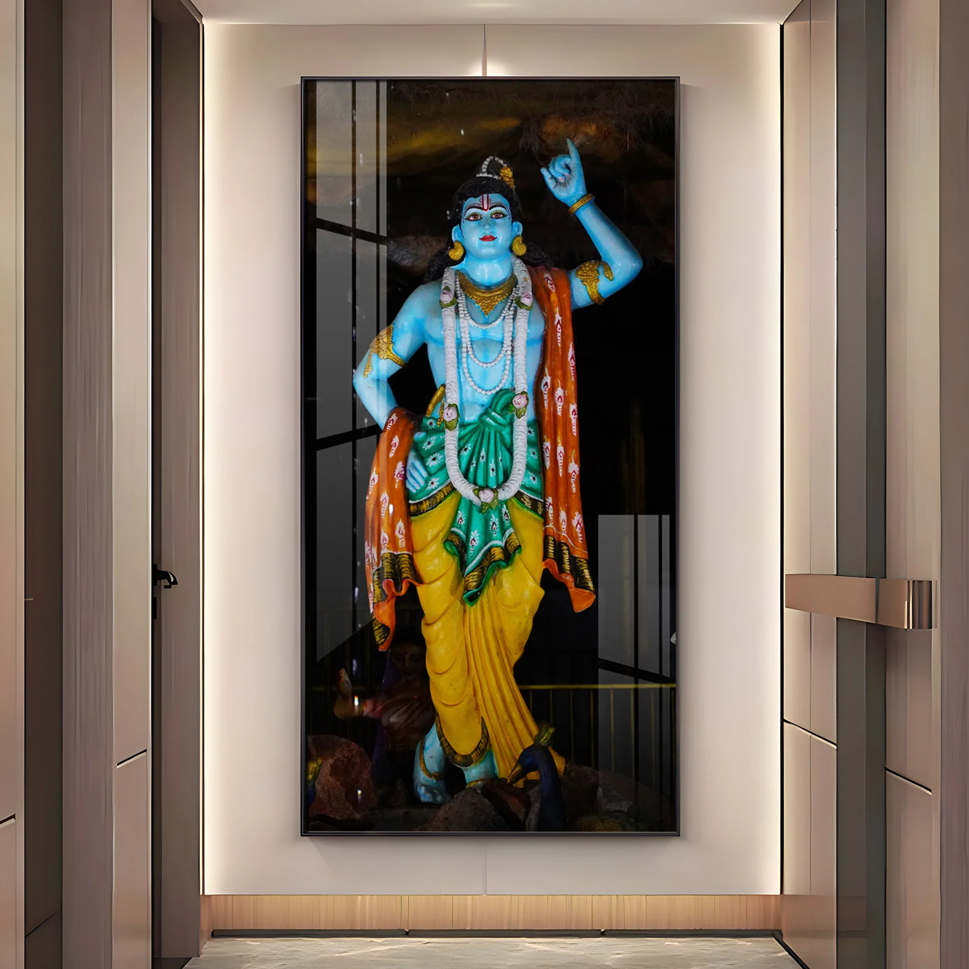 Krishna Lifting Govardhan Parvat Premium Acrylic Vertical Wall Art