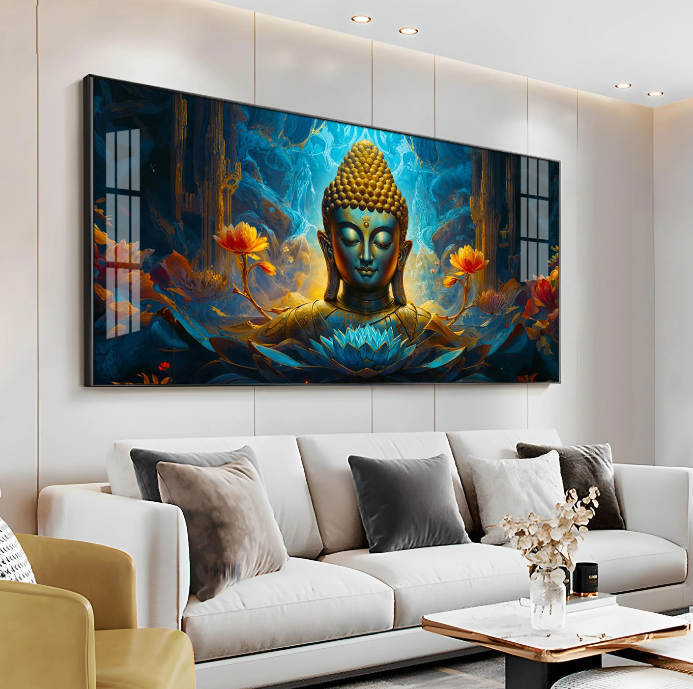 Tranquil Buddha Art In Blue Premium Acrylic Horizontal Wall Art