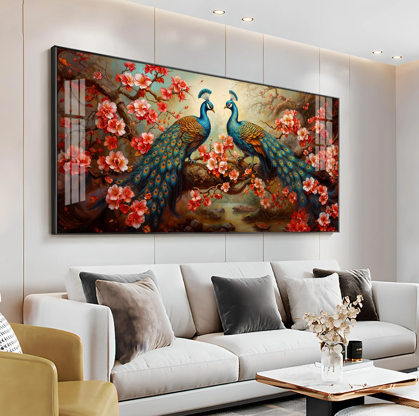 Regal Feathers With Red Blossom Premium Acrylic Horizontal Wall Art