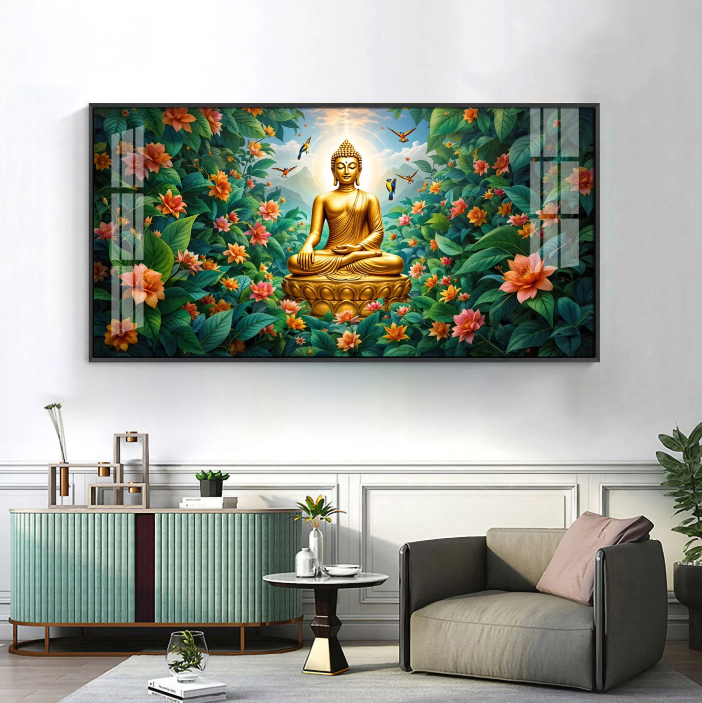 Mindful Living Buddha With Flower Premium Acrylic Horizontal Wall Art