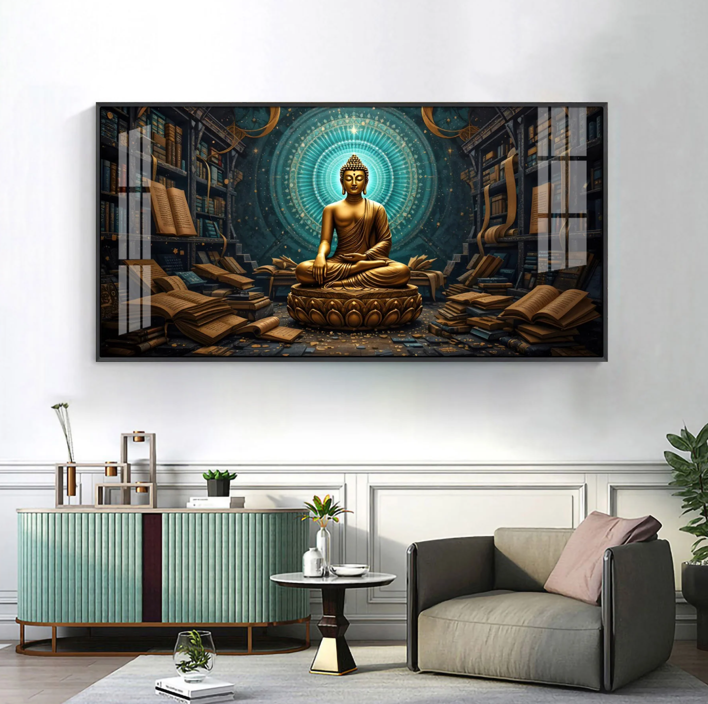 Golden Peaceful Presence Of Buddha Premium Acrylic Horizontal Wall Art