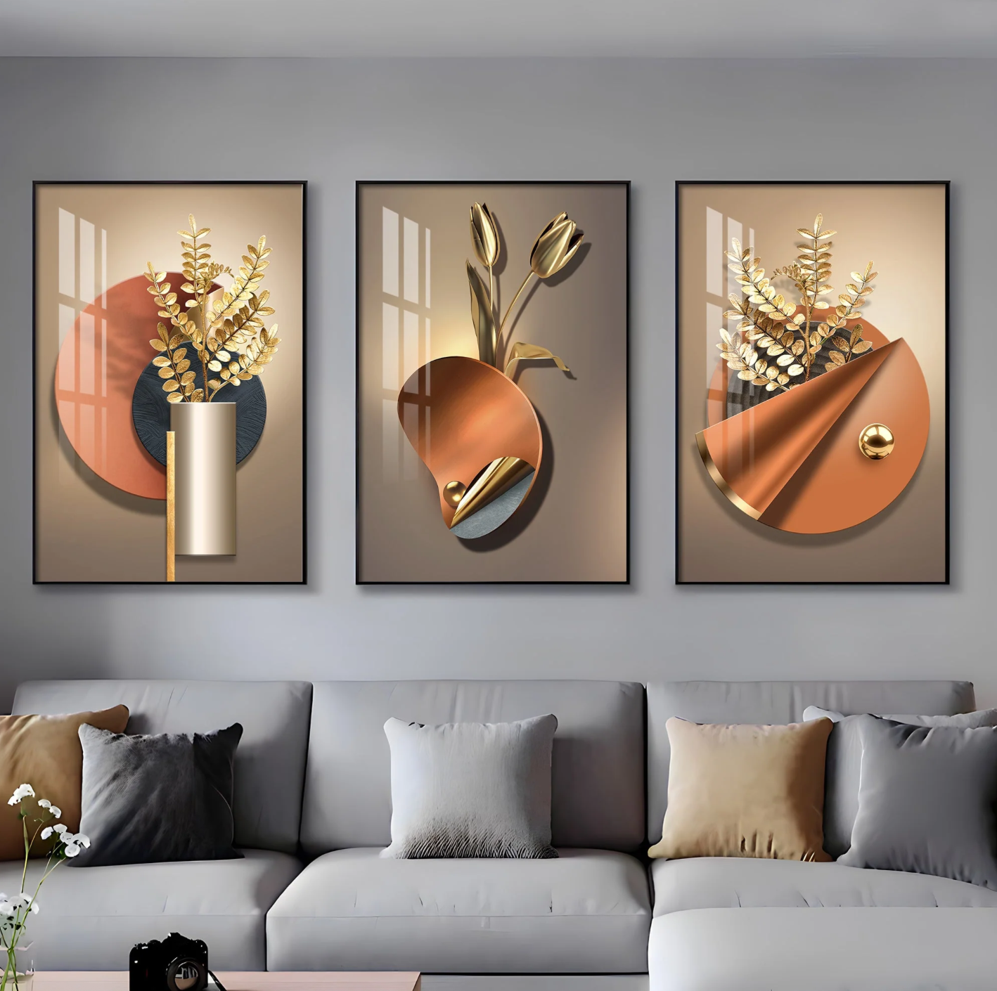 Golden Flower Triptych Premium Acrylic Wall Art (Set of 3)