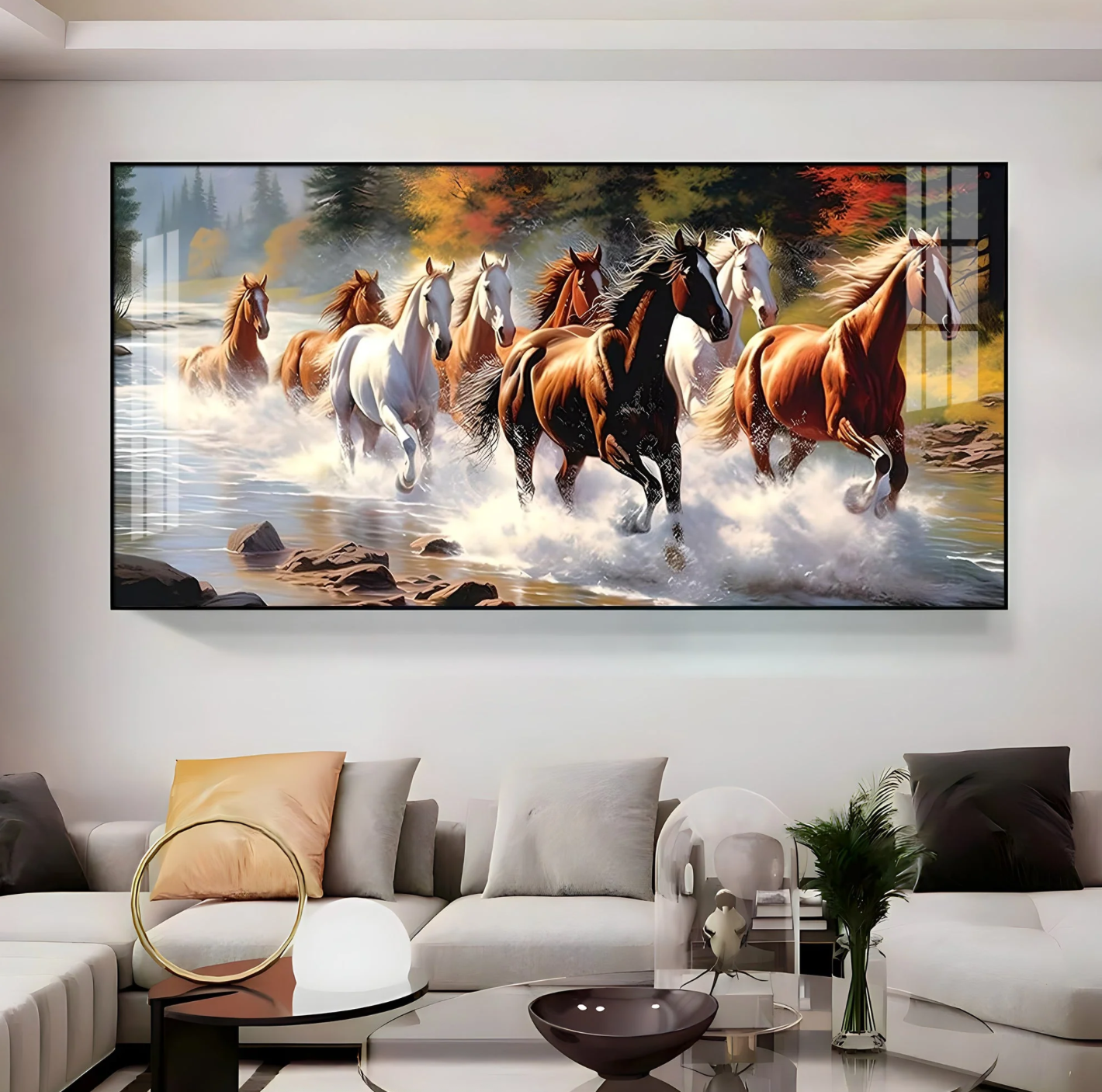 Running Horses in River Premium Acrylic Horizontal Wall Art