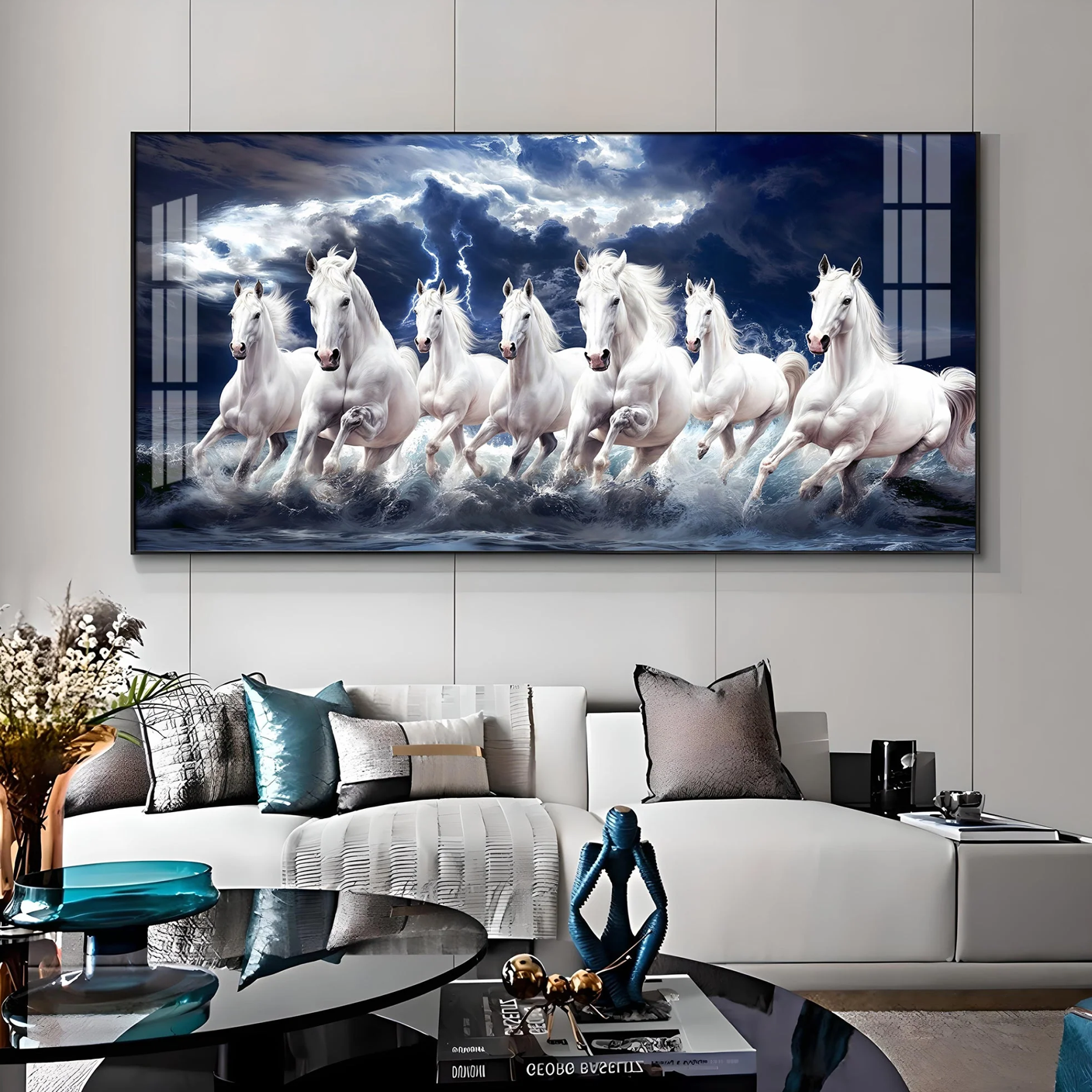 Seven White Horses Gallop In the Sea Premium Acrylic Horizontal Wall Art