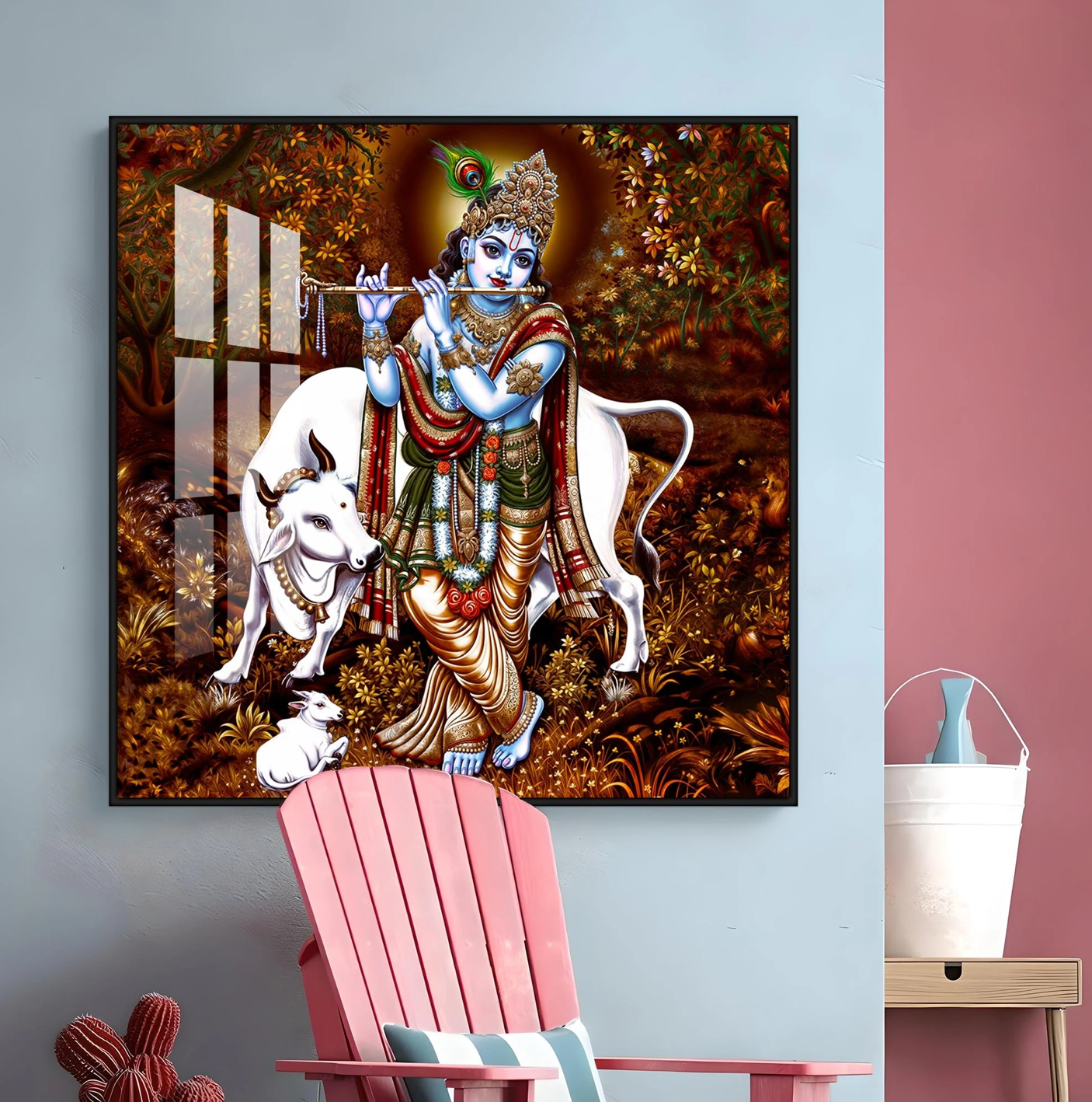 Beautiful Lord Krishna With Cow Premium Acrylic Square Wall Art