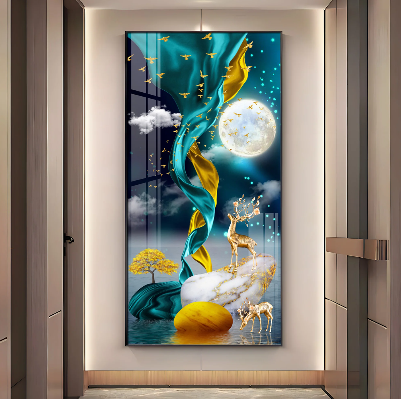 Deers With Full Moon Premium Acrylic Vertical Wall Art