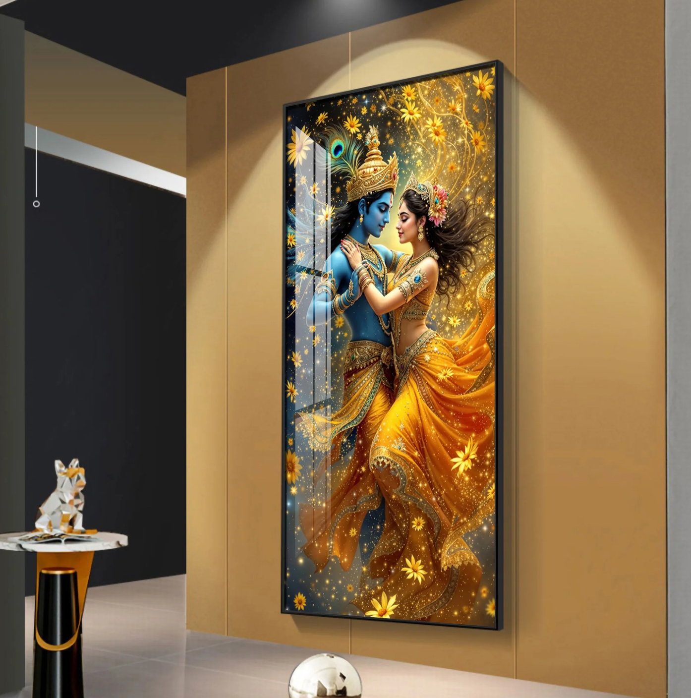 Radha And Krishna in Golden Splendor Flower Premium Acrylic Vertical Wall Art