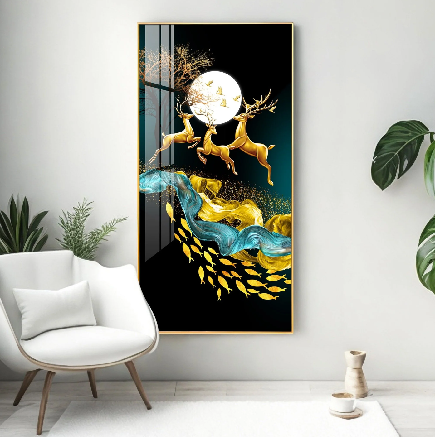 Jolly Deers With Koi Fish Premium Acrylic Vertical Wall Art