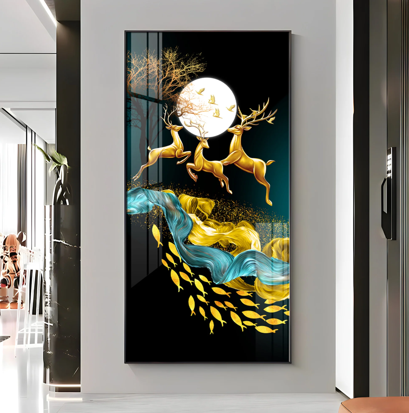 Jolly Deers With Koi Fish Premium Acrylic Vertical Wall Art
