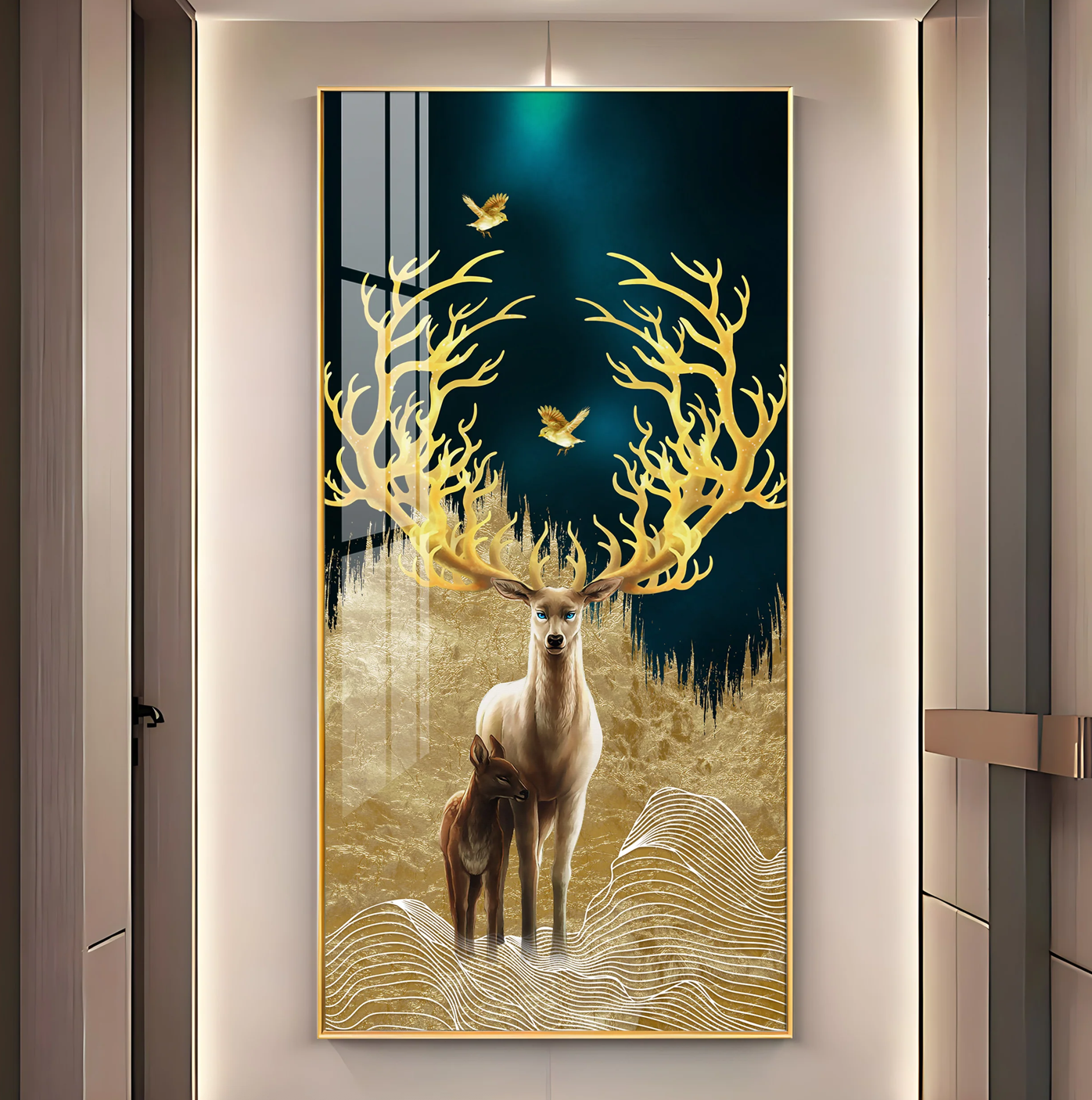 Deer With Golden Antlers Premium Acrylic Vertical Wall Art