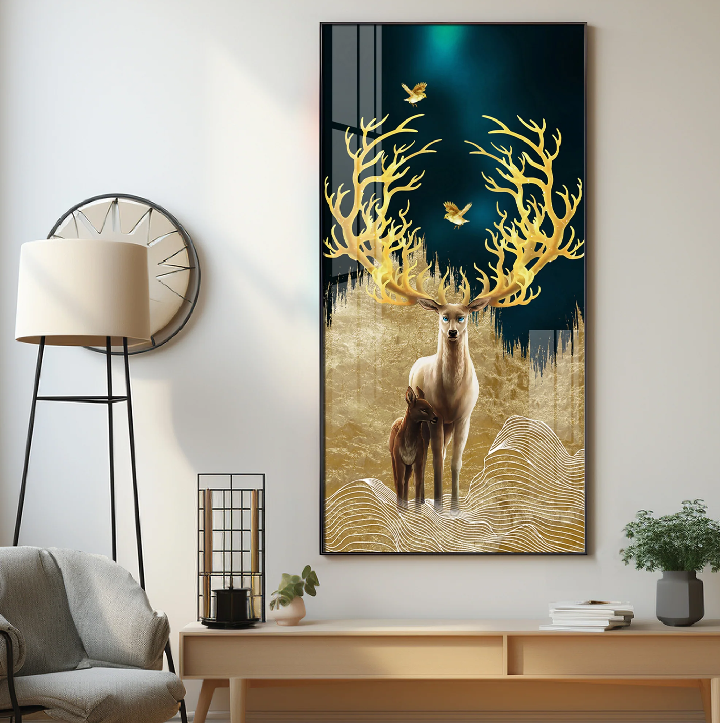 Deer With Golden Antlers Premium Acrylic Vertical Wall Art