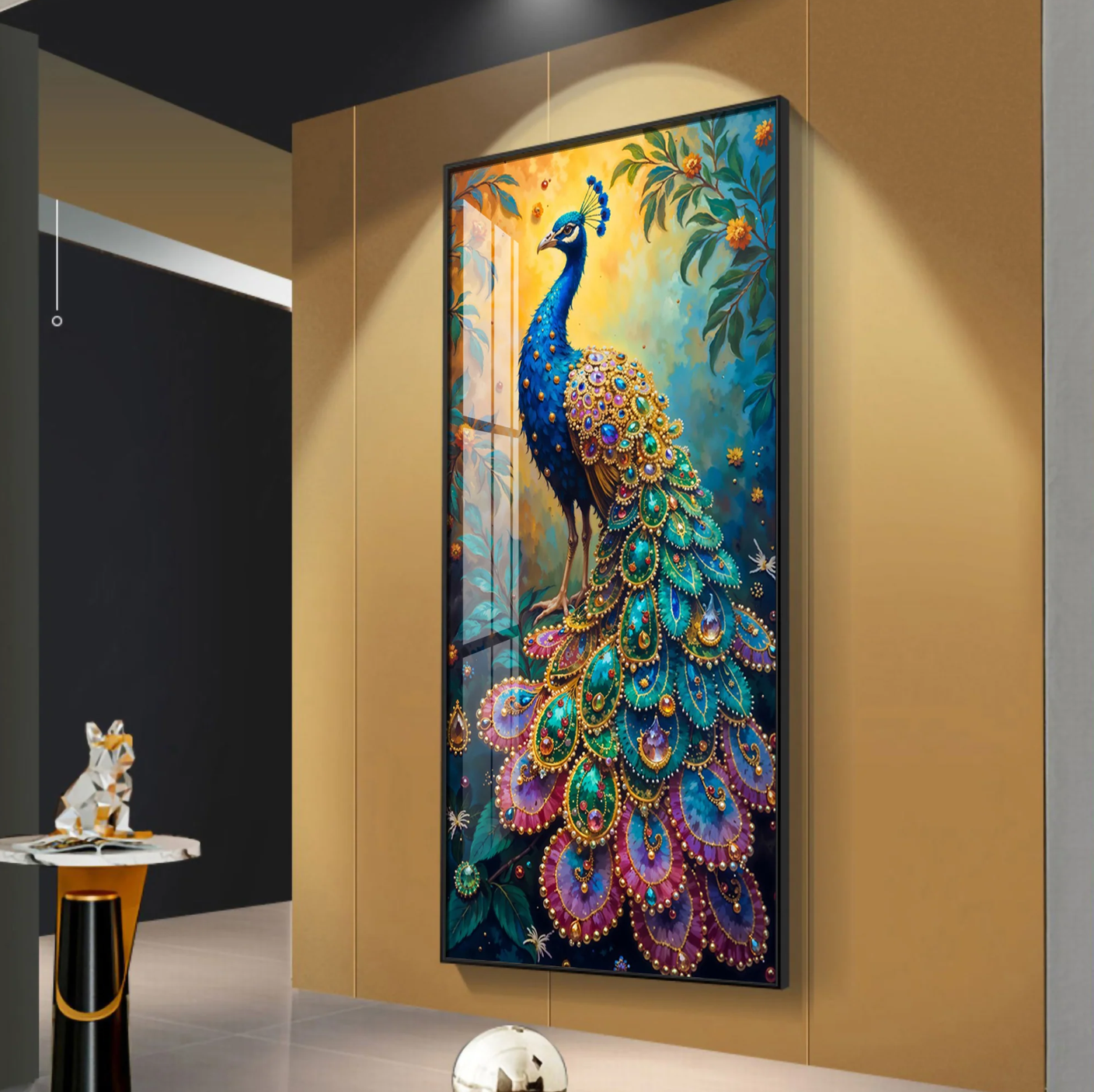 Peacock In Sunrise Premium Acrylic Vertical Wall Art