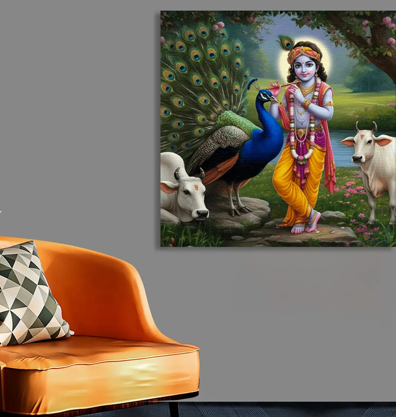 YF Krishna Playing Flute in Vrindavan Canvas Painting