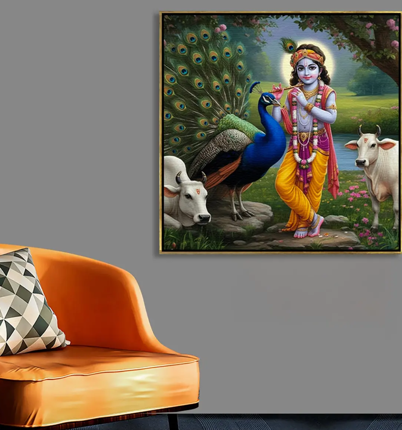 YF Krishna Playing Flute in Vrindavan Canvas Painting