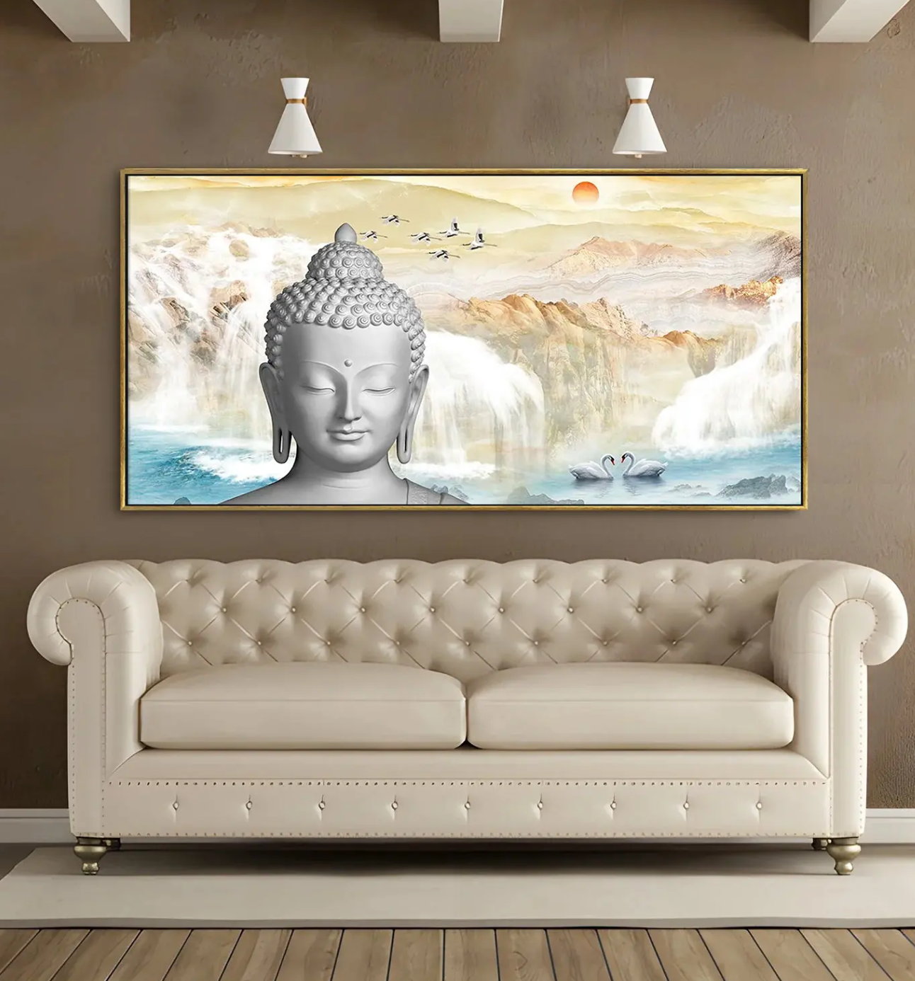 YF Waterfall Background Buddha Painting