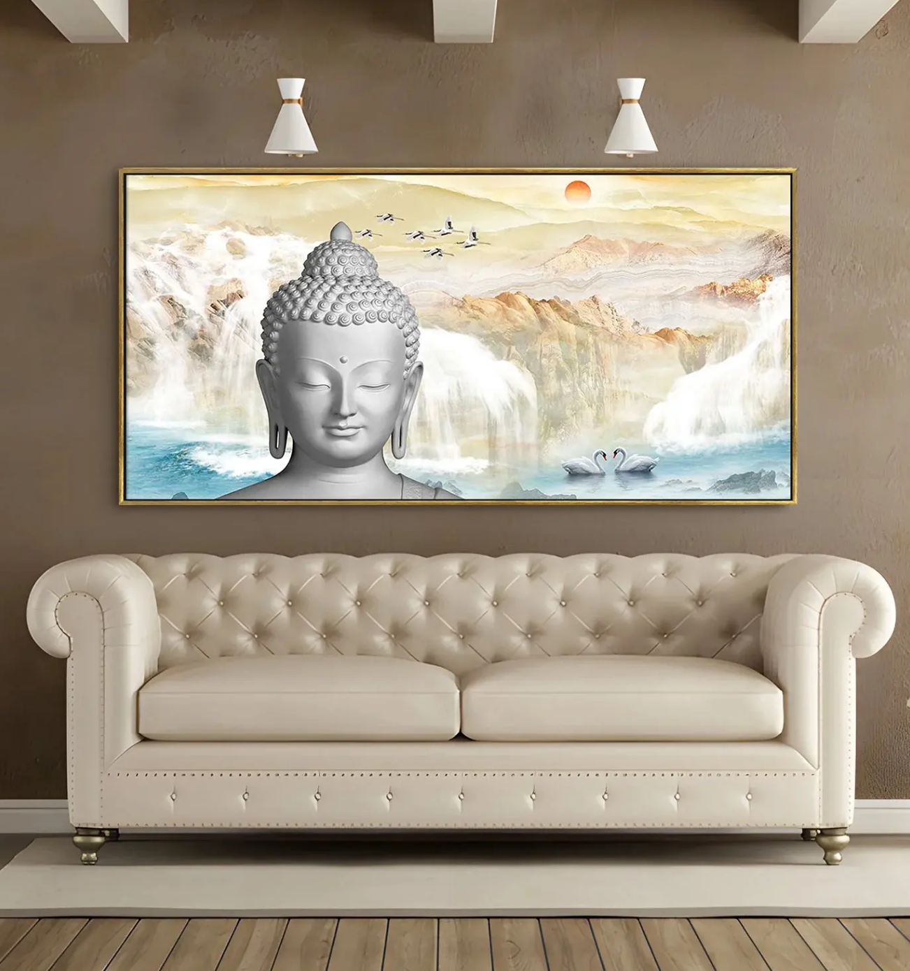 YF Waterfall Background Buddha Painting