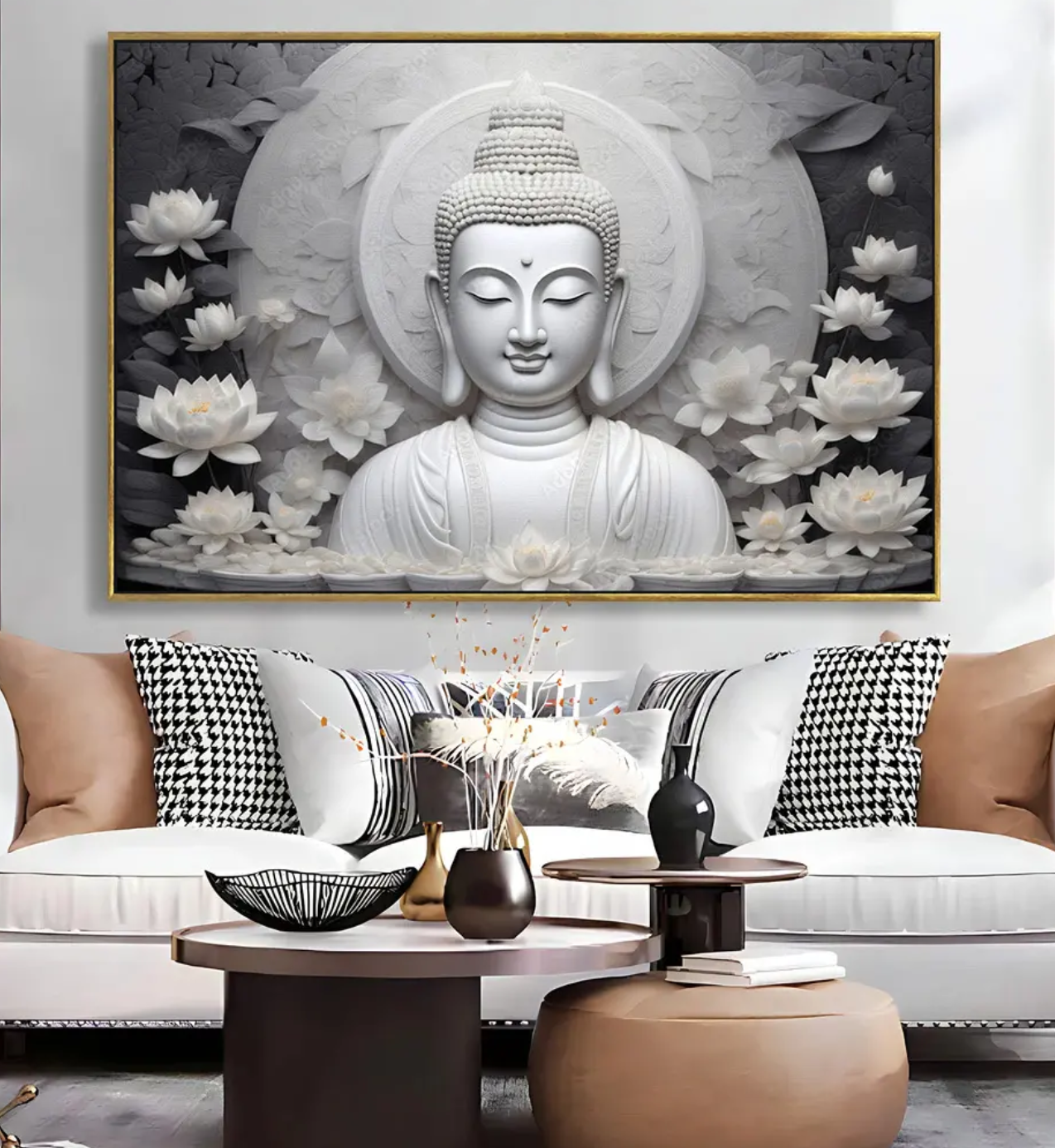 YF Marble White Meditating Buddha Canvas Painting