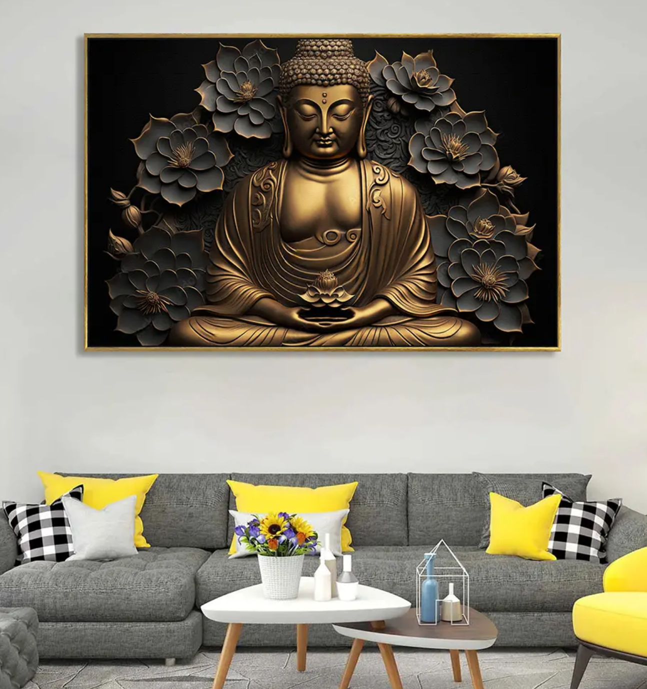YF Golden Lotus Serenity Buddha Painting on Canvas