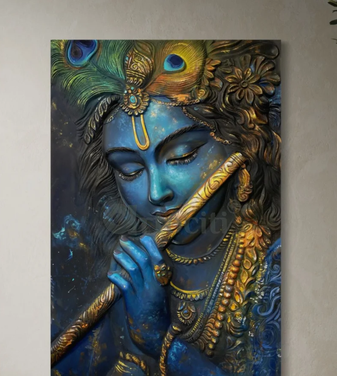 3X2 Feet Divine Krishna With Bansuri 3D Relief Mural Art