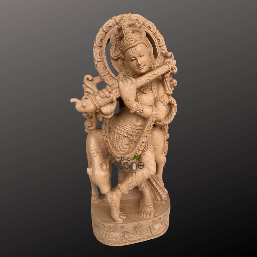 Stone Krishna with cow statue 2ft