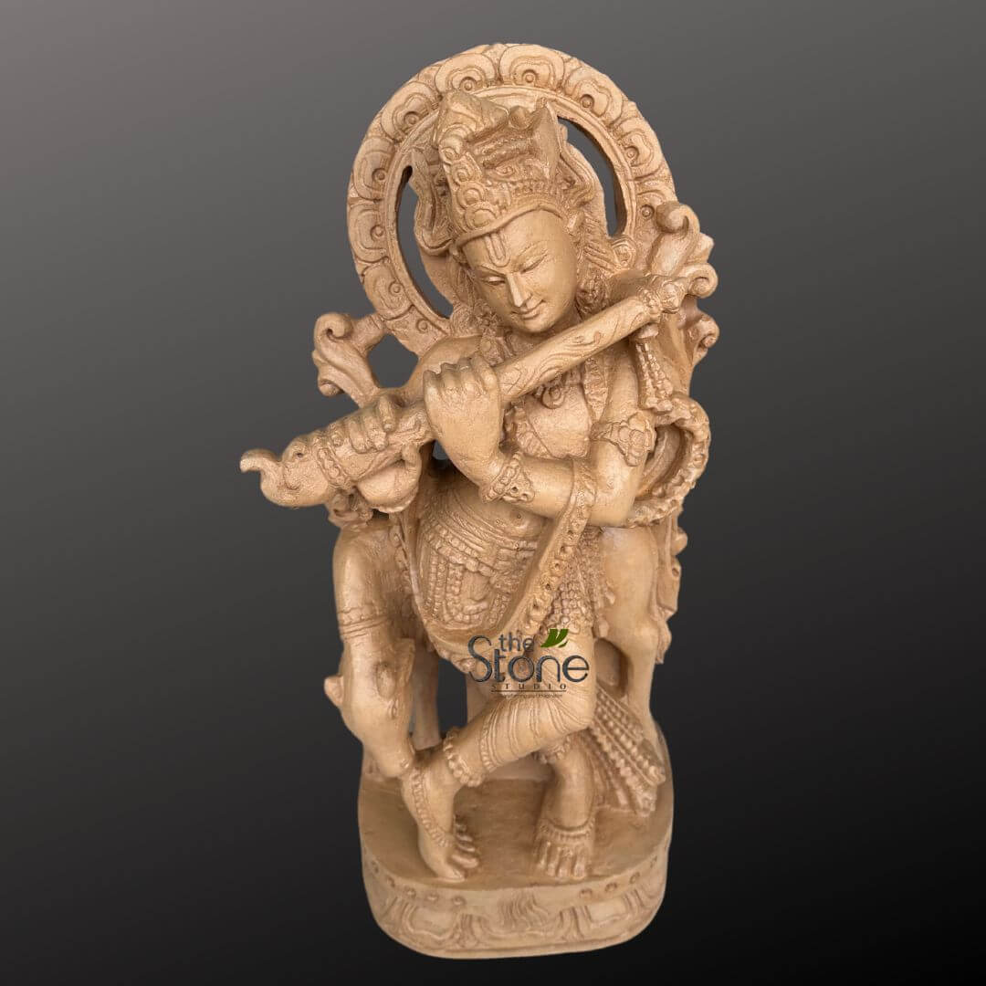 Stone Krishna with cow statue 2ft