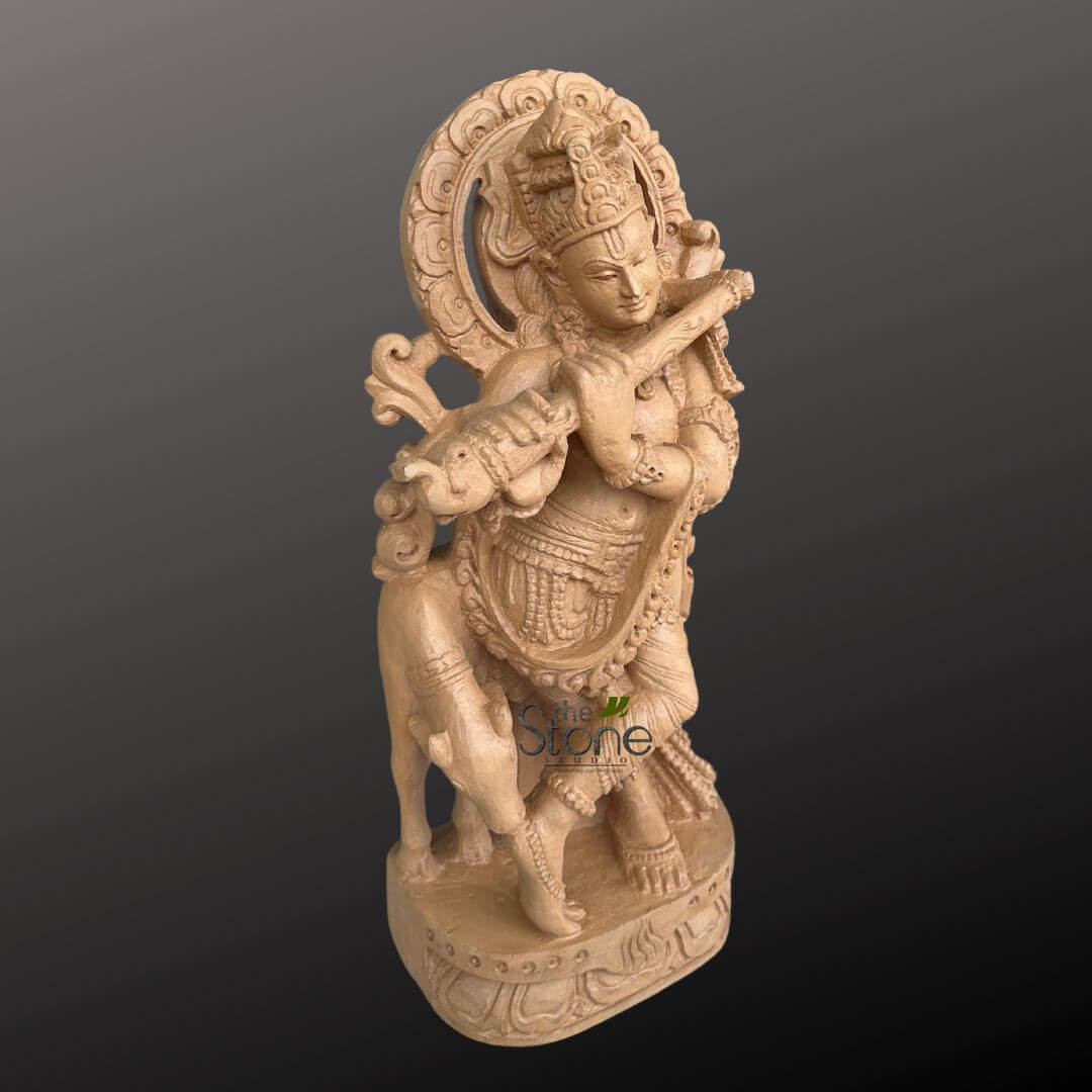 Stone Krishna with cow statue 2ft