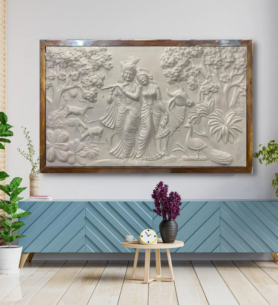 5x3 Feet Radha Krishna 3D Elevation Sculpture Relief Mural Wall Art