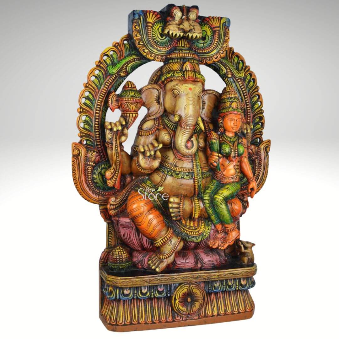 Large Wood Ganesh with Lakshmi Statue 3ft