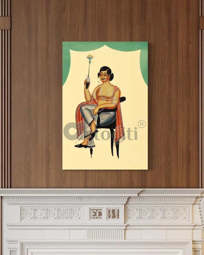 A Babu with a Hookah Kalighat Painting Canvas Giclee Print