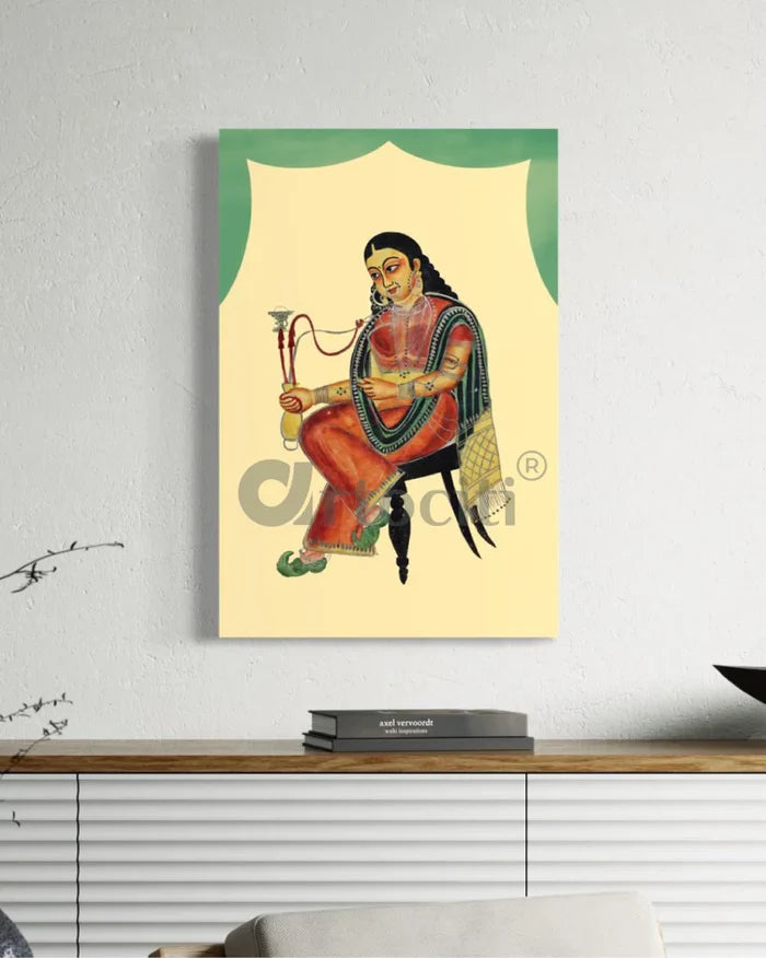 A Courtesan Smoking a Hookah Kalighat Painting Canvas Giclee Print