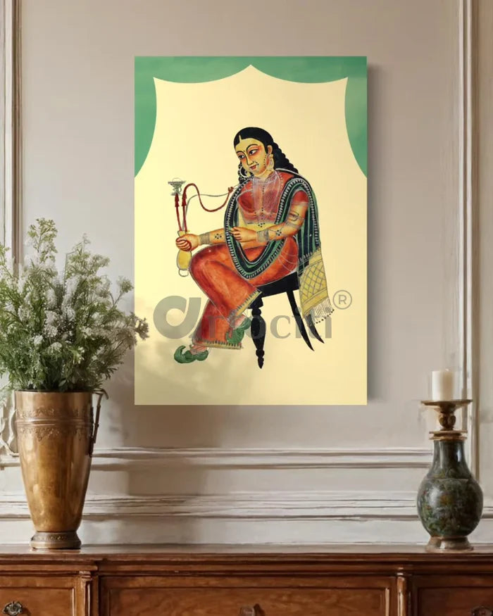 A Courtesan Smoking a Hookah Kalighat Painting Canvas Giclee Print