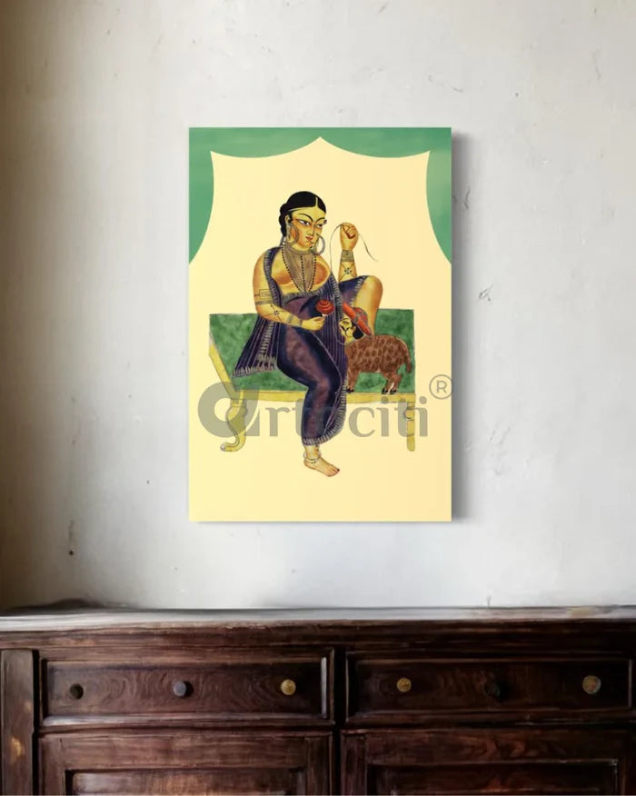 A Courtesan with Her Admirer Kalighat Painting Canvas Giclee Print