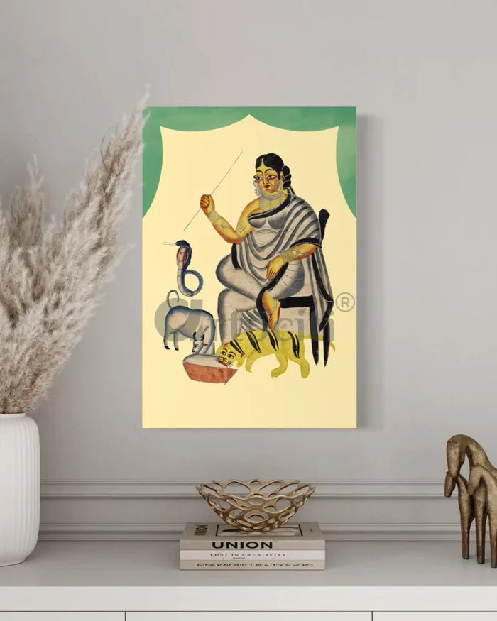 A Woman Feeding Her Pets Kalighat Painting Canvas Giclee Print
