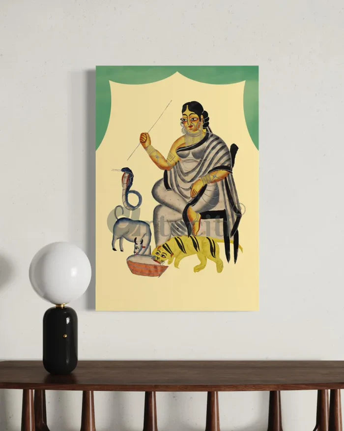 A Woman Feeding Her Pets Kalighat Painting Canvas Giclee Print