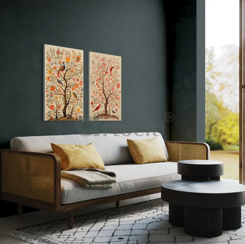 Bird & Tree Kalamkari Art Canvas Giclee Prints Set of 2