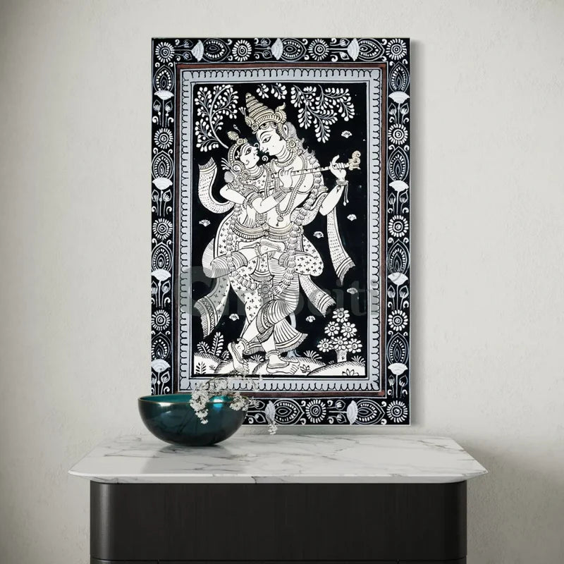 Black & White Radha Krishna Prem Milan Pattachitra Painting Canvas Giclee Print
