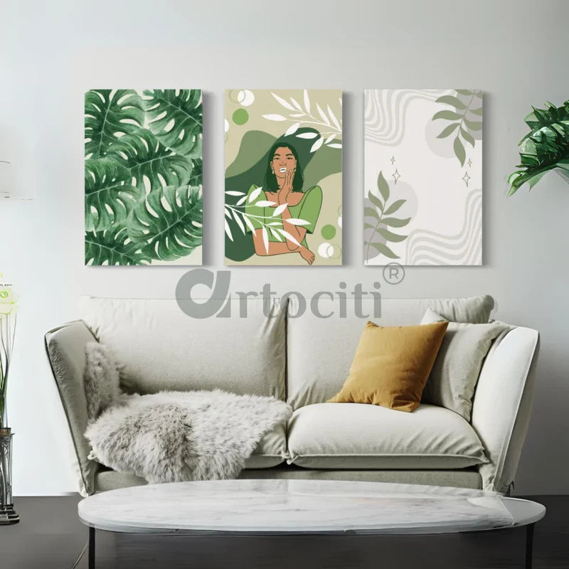 Boho Chic Canvas Painting In Green Featuring a Lady (Set of 3)