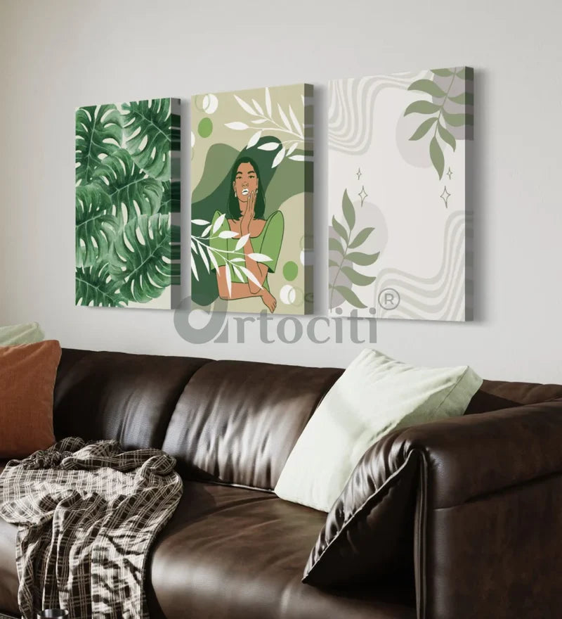 Boho Chic Canvas Painting In Green Featuring a Lady (Set of 3)