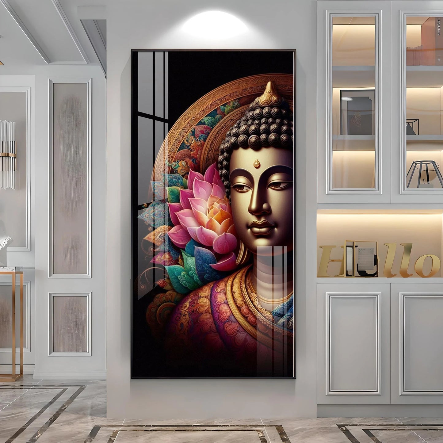 Buddha With Multicolor Lotus Petal Premium Acrylic Wall Art