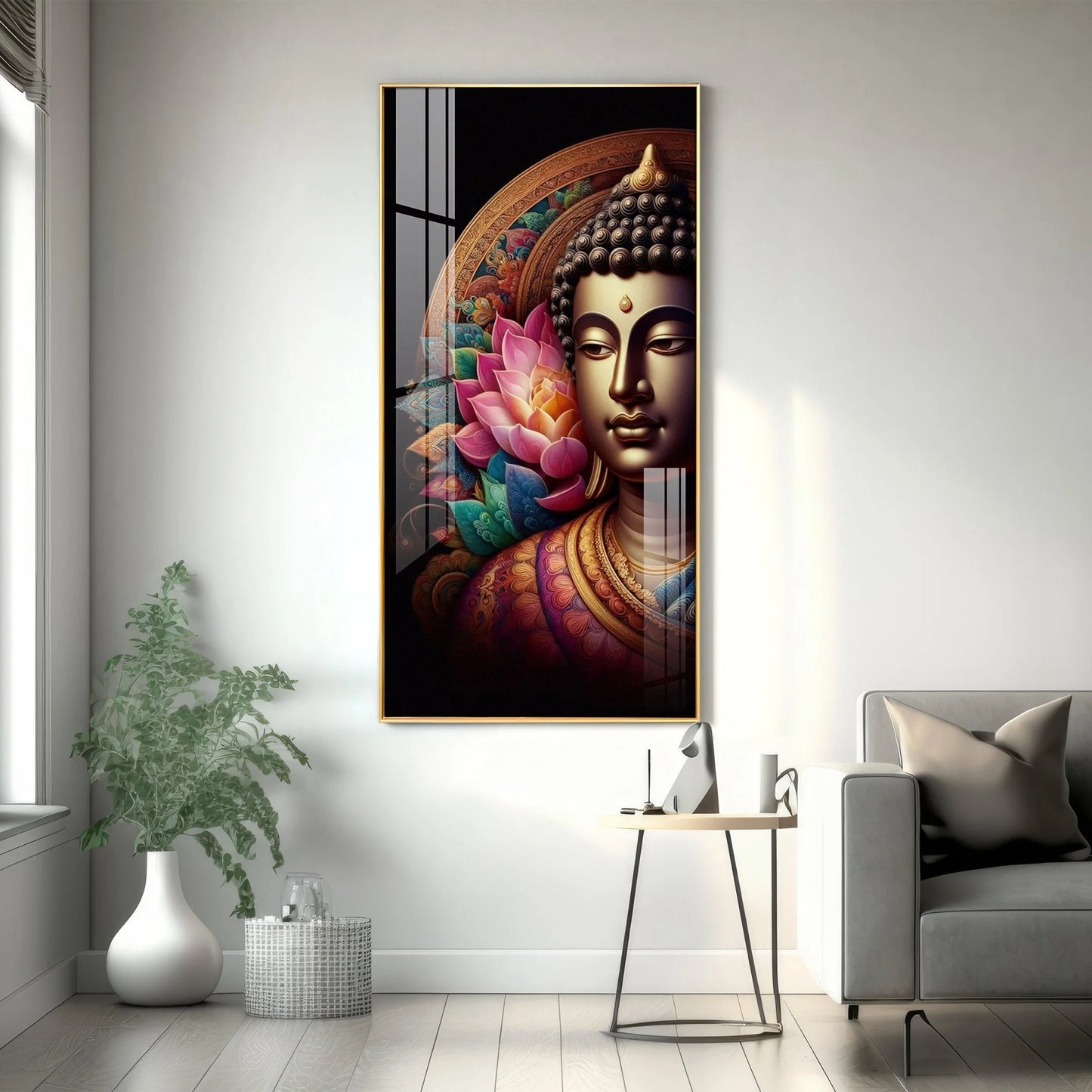 Buddha With Multicolor Lotus Petal Premium Acrylic Wall Art