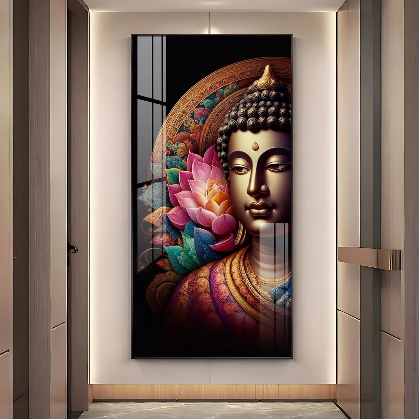 Buddha With Multicolor Lotus Petal Premium Acrylic Wall Art