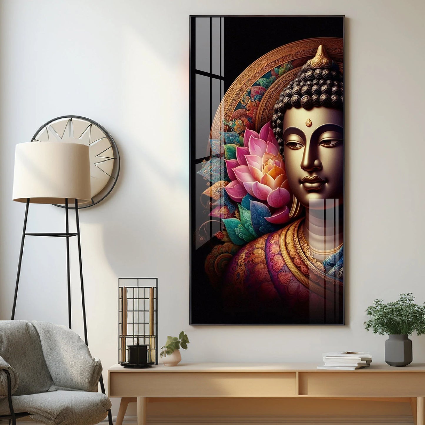 Buddha With Multicolor Lotus Petal Premium Acrylic Wall Art