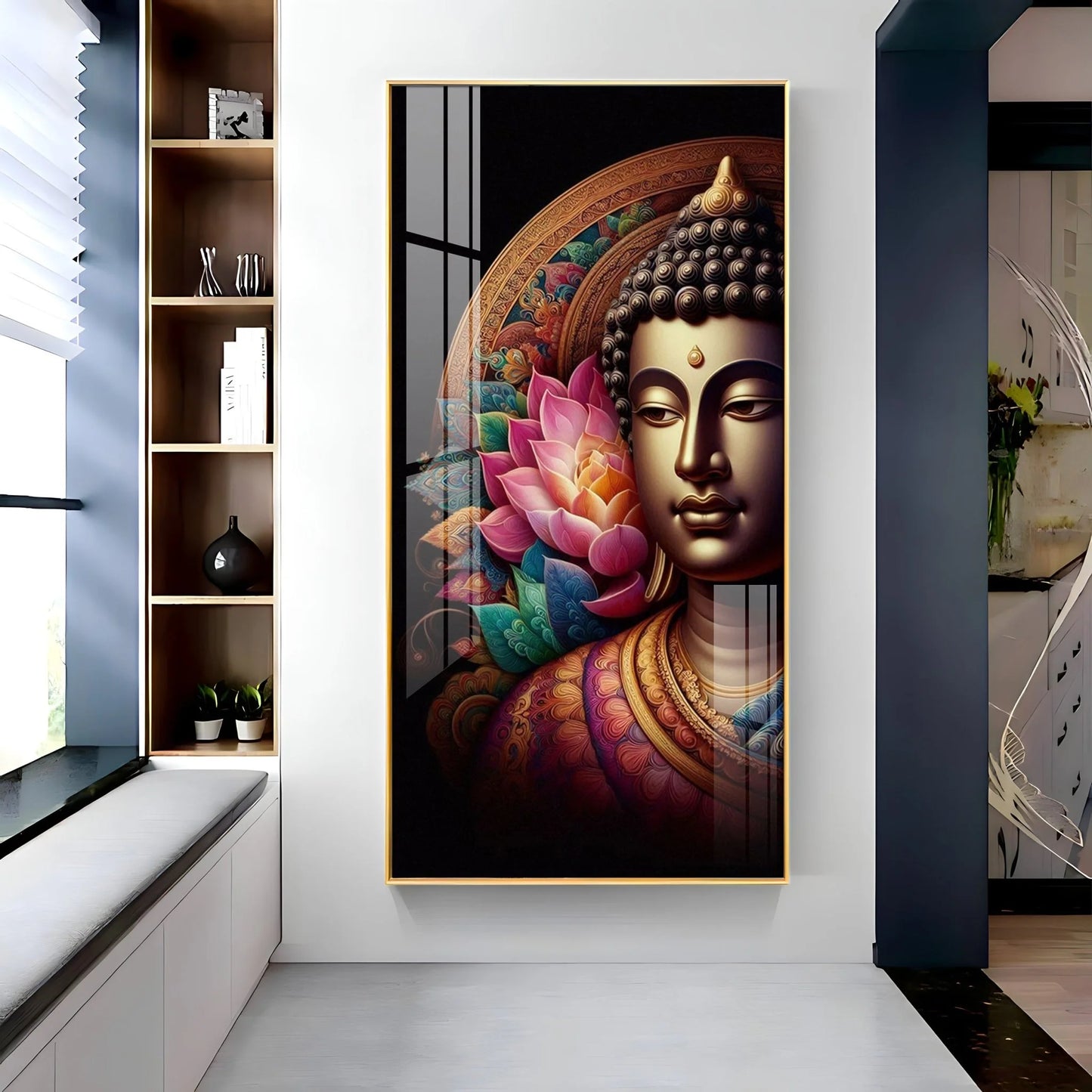 Buddha With Multicolor Lotus Petal Premium Acrylic Wall Art