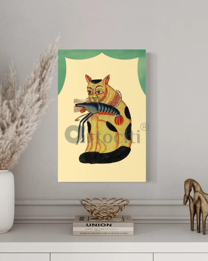 Cat with Vaishnavite Mark Stealing Crayfish Kalighat Painting Canvas Giclee Print