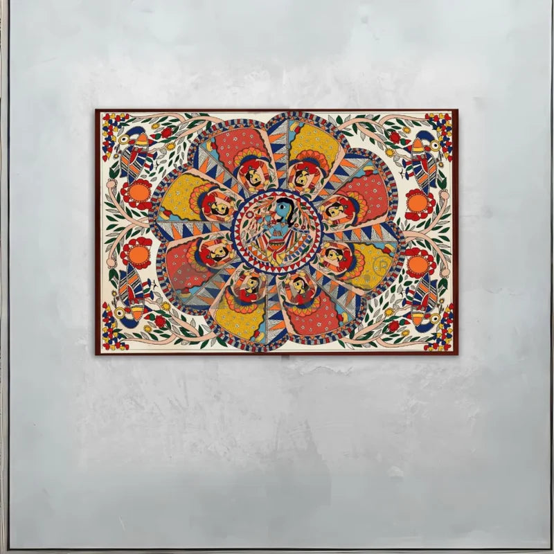 Colourful Madhubani Krishna Leela Canvas Painting